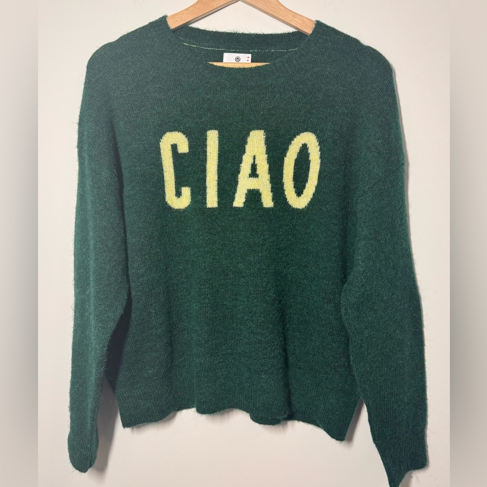 Sundry ‘Ciao’ Crewneck Fuzzy Sweater  Pullover Size Small Color:Everglade NWOT